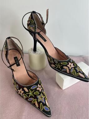 NYLA  Embroidered Floral Heel Point Toe Slingback Ankle Strap Stiletto Blac  6.5